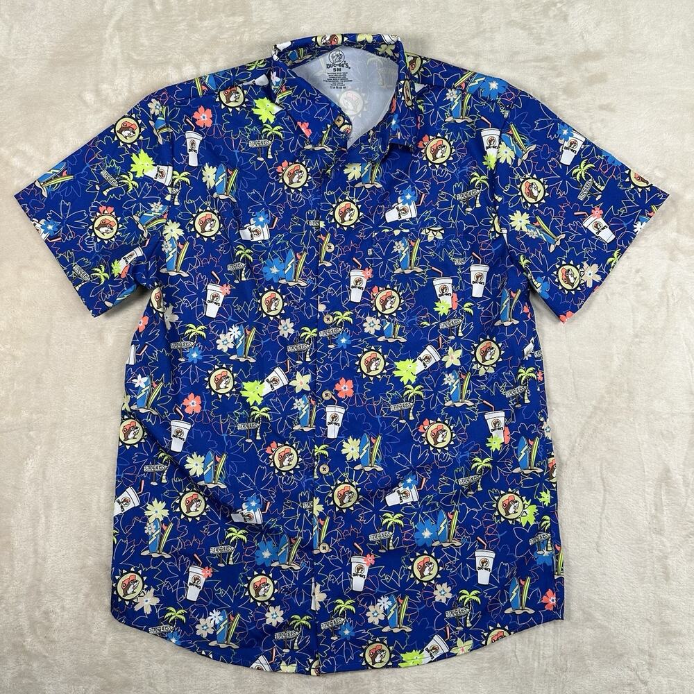 Bucees Hawaiian Tropical Camper Shirt Button Up Floral Blue Men’s Size S/M